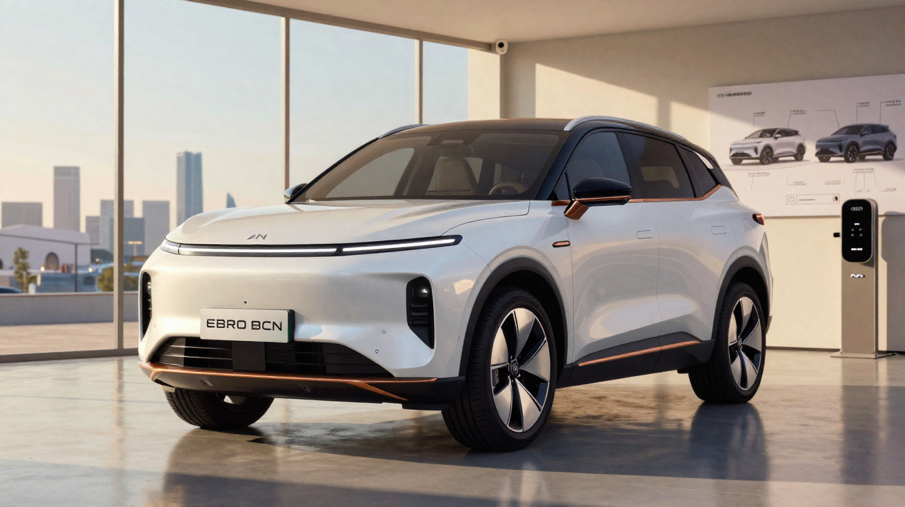 White electric SUV parked indoors with large windows and city skyline in the background.