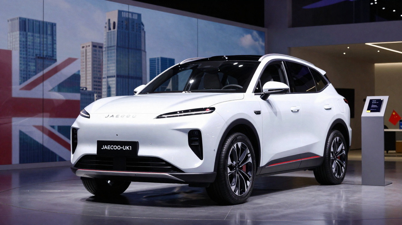 White Jaecoo-UK1 electric SUV displayed indoors with cityscape and UK flag backdrop