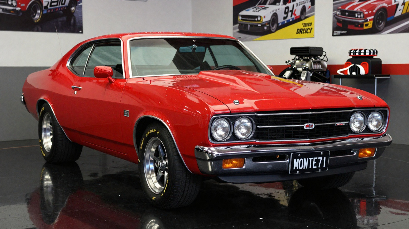 Red classic Holden Monaro muscle car with black grille and chrome bumper displayed indoors with car posters in background