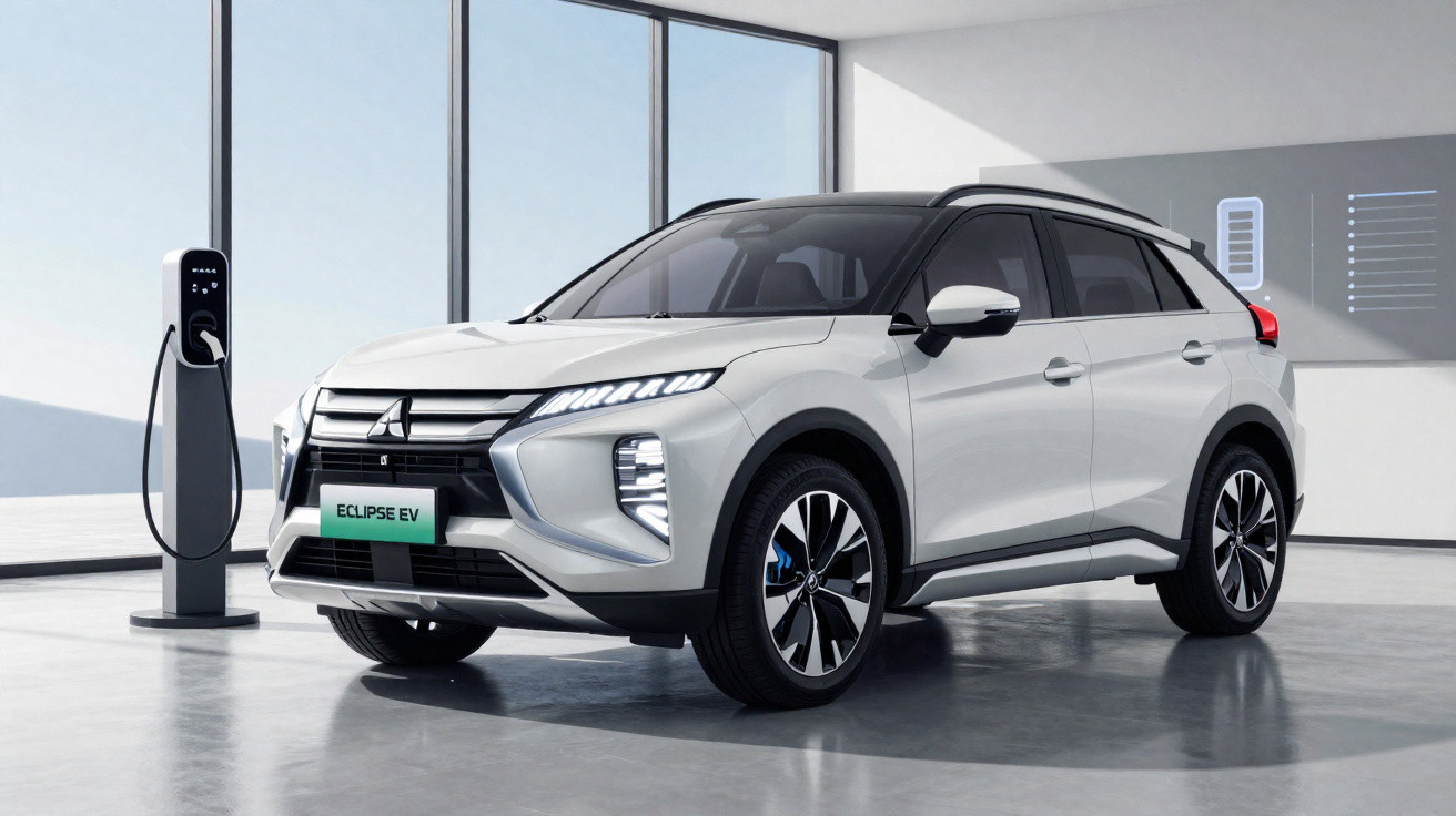 White Mitsubishi Eclipse EV electric SUV charging inside a modern showroom with large windows.