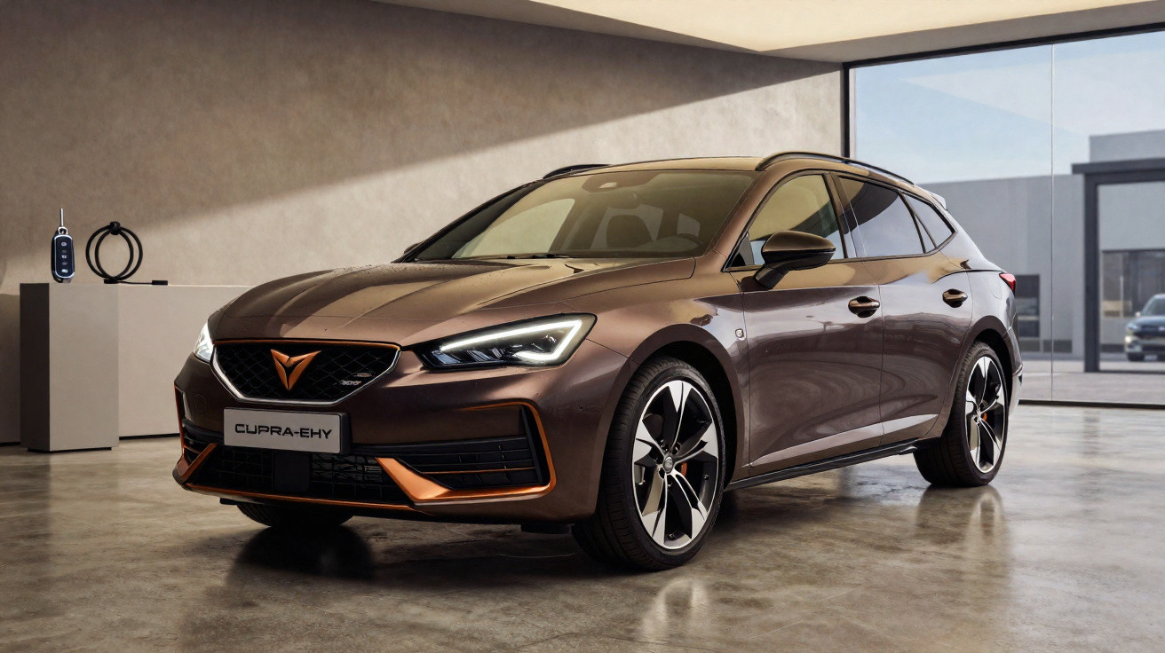 Brown Cupra E-HY estate car parked indoors with modern concrete interior and large windows.