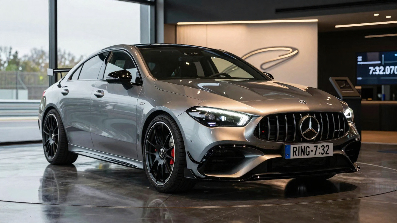 Silver Mercedes-Benz AMG sports sedan parked indoors with illuminated headlights and black alloy wheels.