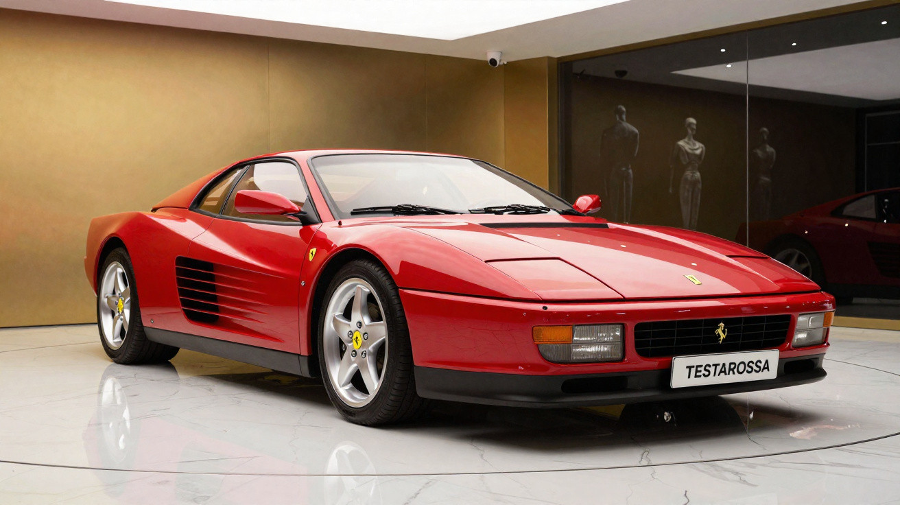 Red Ferrari Testarossa sports car displayed in a showroom with mannequins in the background.