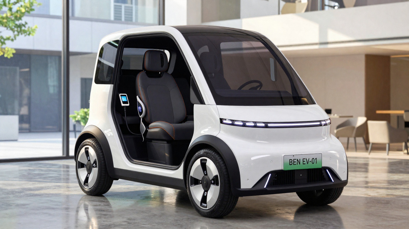Compact white electric concept car with minimalistic design and open side door in modern indoor setting.