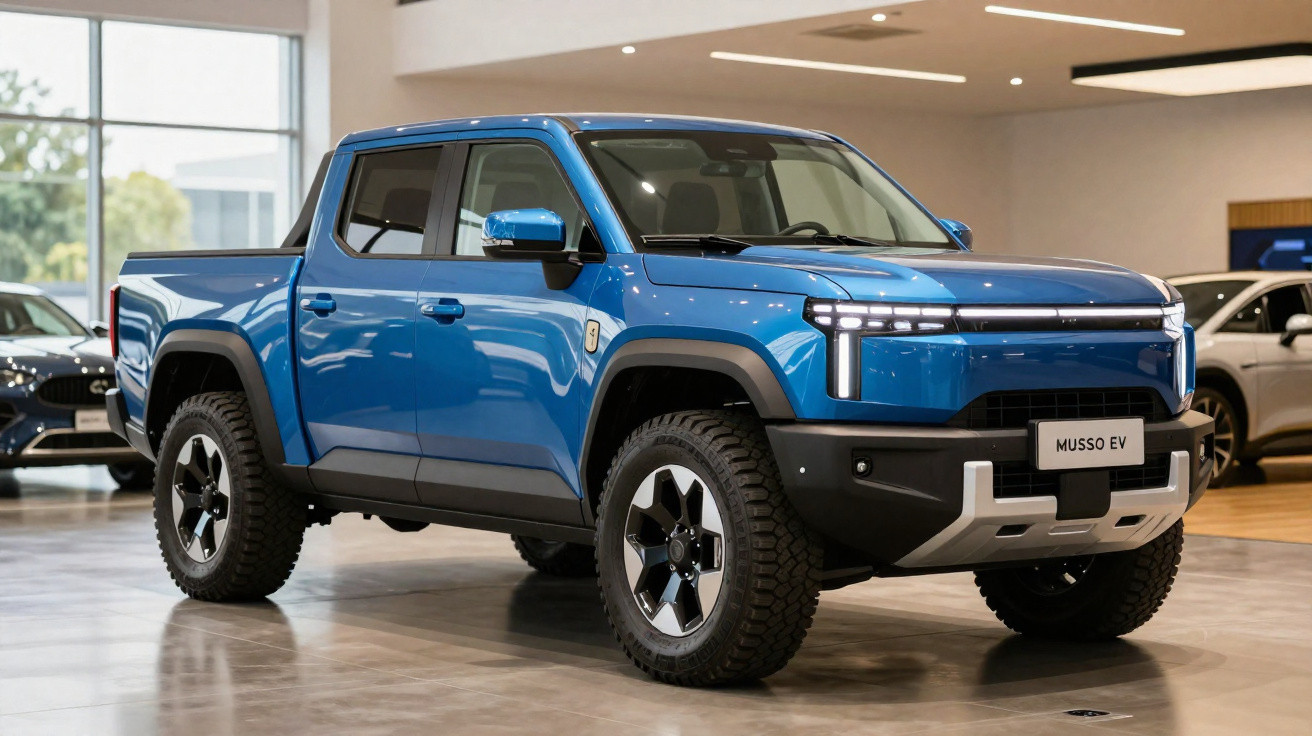 Blue electric pickup truck with rugged tires displayed indoors on polished floor