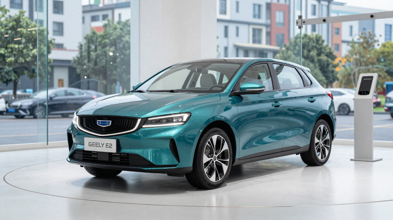 Teal Geely E2 compact hatchback displayed indoors with modern buildings visible through glass windows.