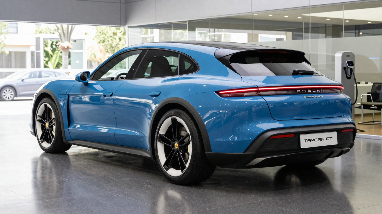 Blue Porsche Taycan CT electric car parked indoors near a charging station.