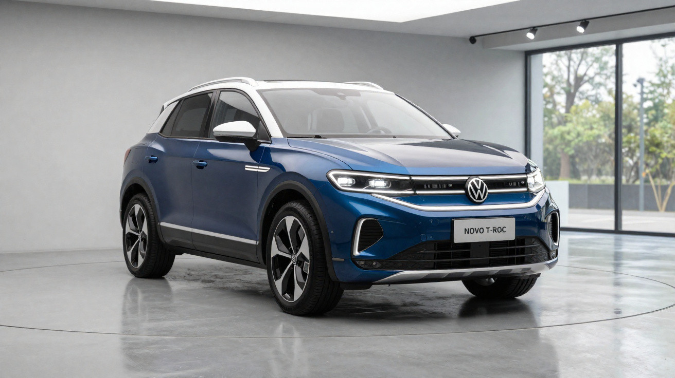 Blue Volkswagen Novo T-Roc SUV parked indoors with large windows and grey walls in the background