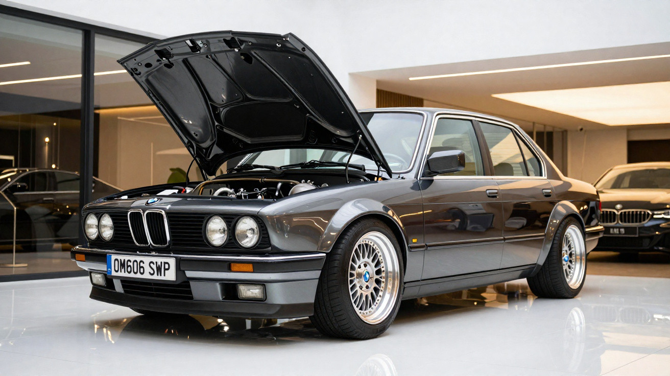 Classic dark grey BMW E30 with hood open, displayed indoors on a glossy white floor.