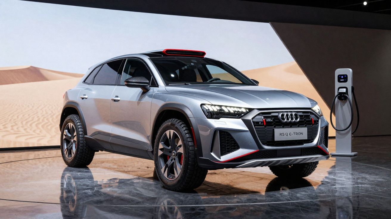 Silver Audi RS Q e-tron electric SUV displayed indoors next to a charging station with desert backdrop.