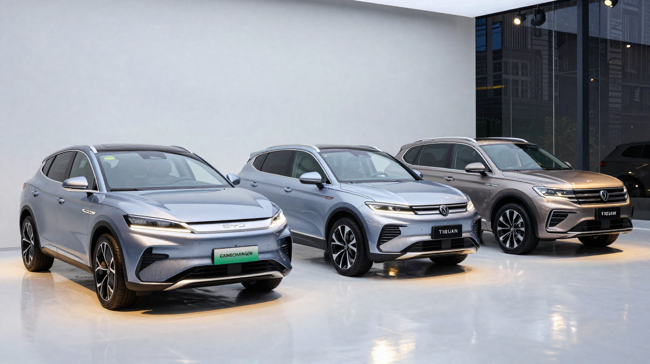 Three modern silver and grey SUVs displayed in a bright showroom with reflective flooring and plain walls.
