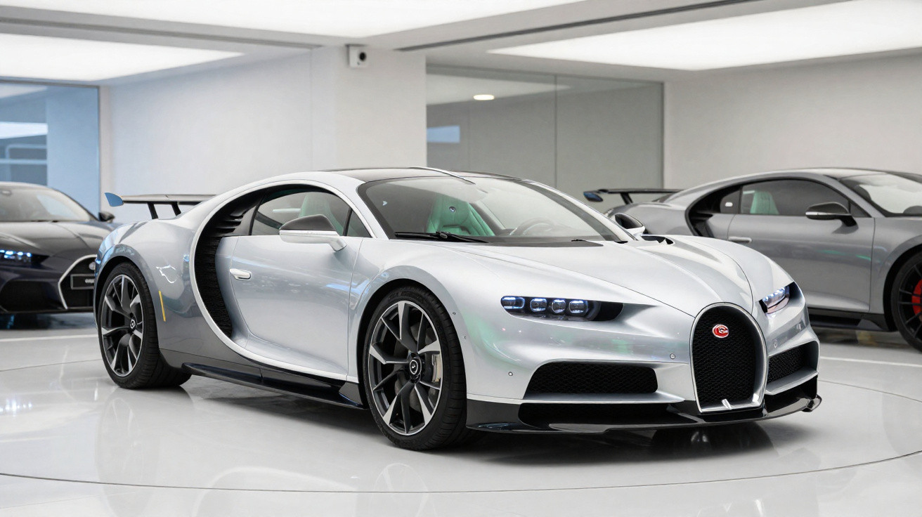 Silver Bugatti Chiron sports car displayed in a showroom with grey luxury cars in the background.