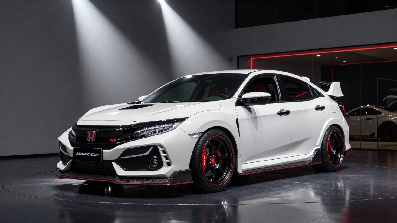 White Honda Civic Type R with red accents displayed in a showroom under bright spotlights.
