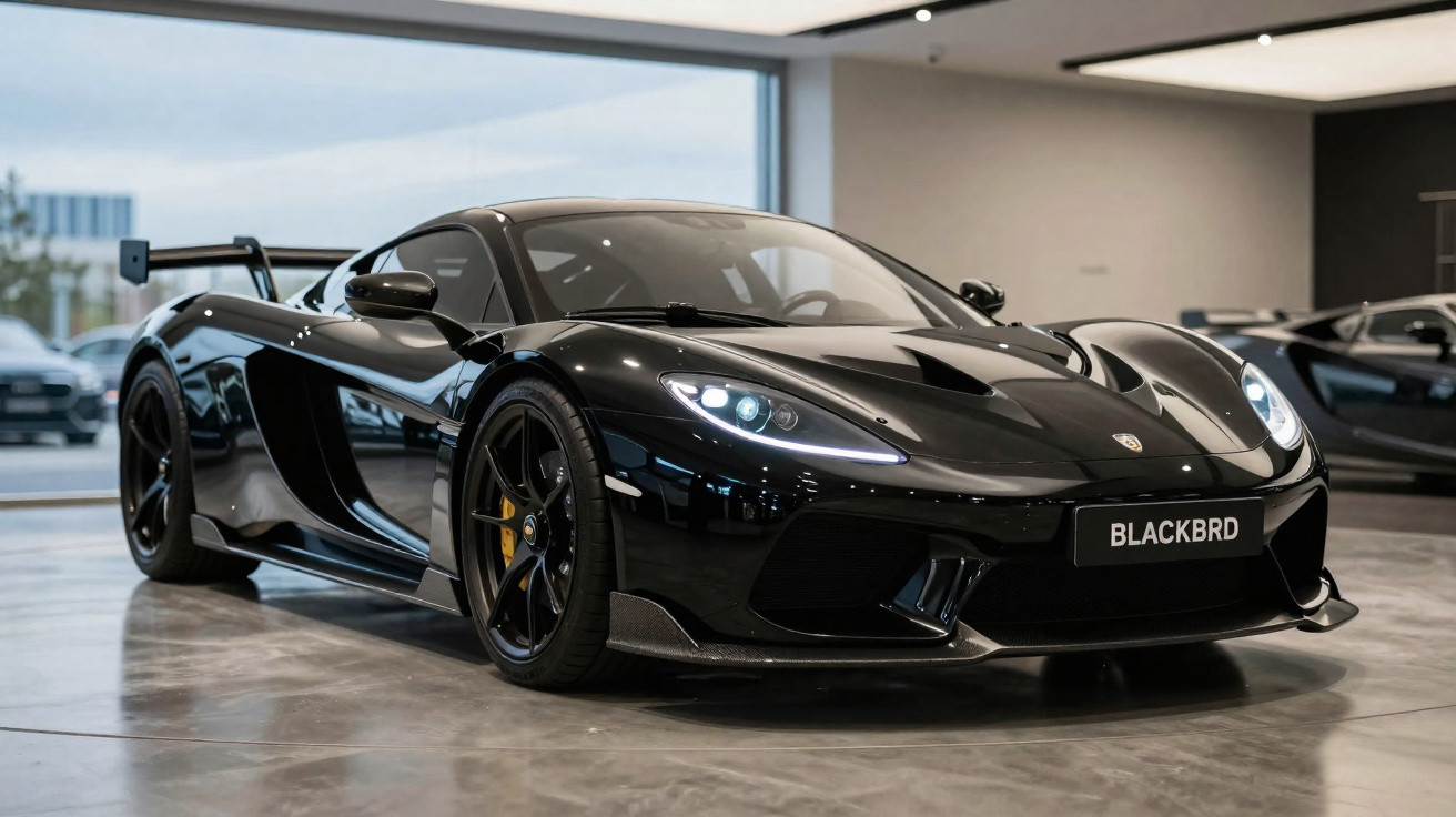 Black sleek sports car with LED headlights and rear spoiler displayed indoors on polished concrete floor.