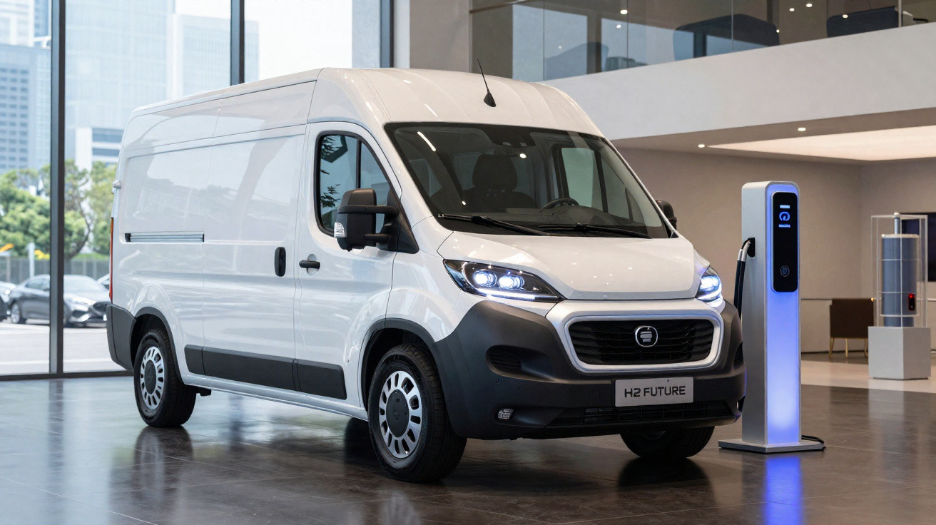 White electric delivery van parked indoors beside a charging station with modern city buildings visible outside.