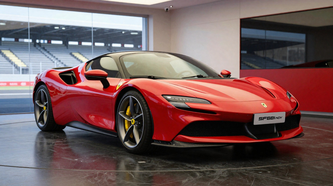 Red Ferrari SF81 Indy sports car displayed indoors near a racing track glass window.