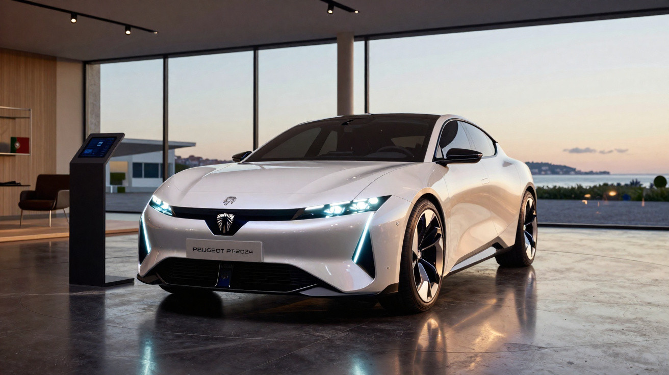 White Peugeot electric sports car with sleek design displayed indoors near large windows at sunset.