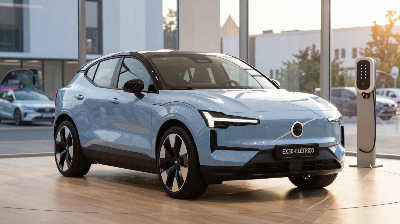 Light blue Polestar EX30 electric car displayed indoors next to a charging station.