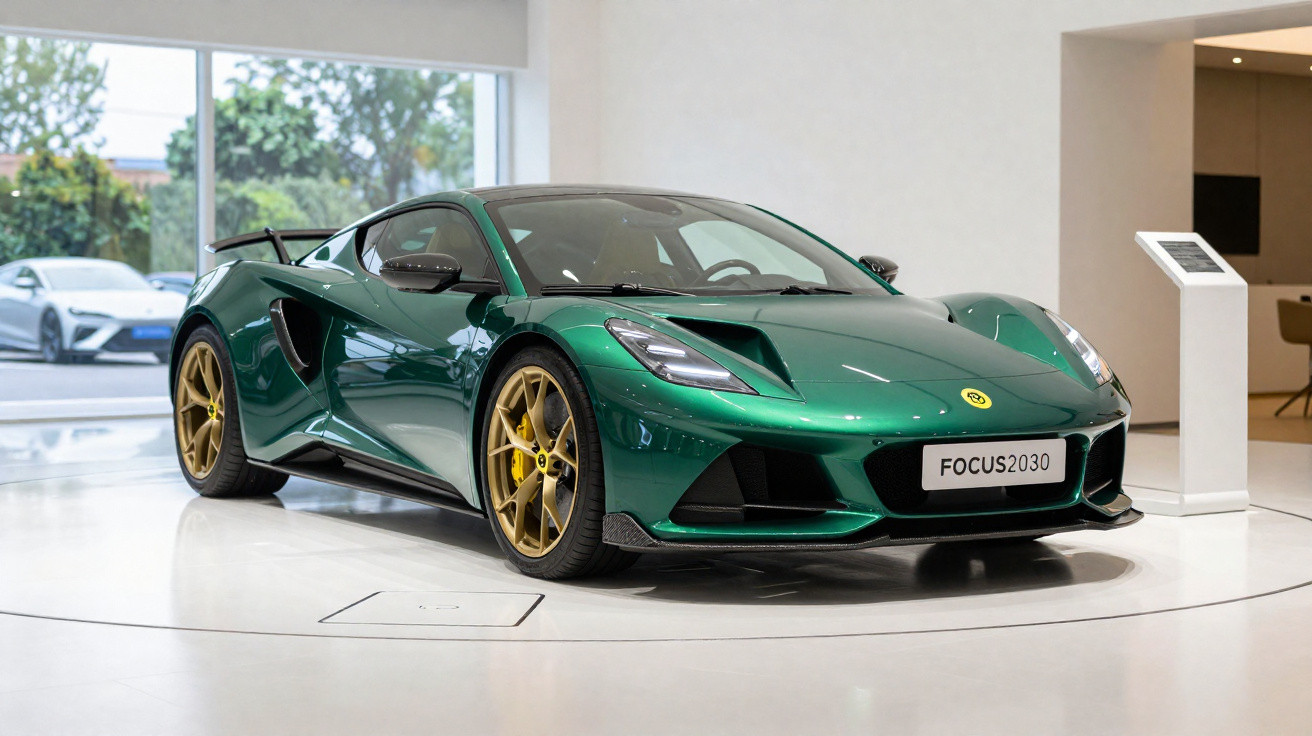 Green sports car with gold wheels displayed indoors on a white circular platform with FOCUS2030 plate.