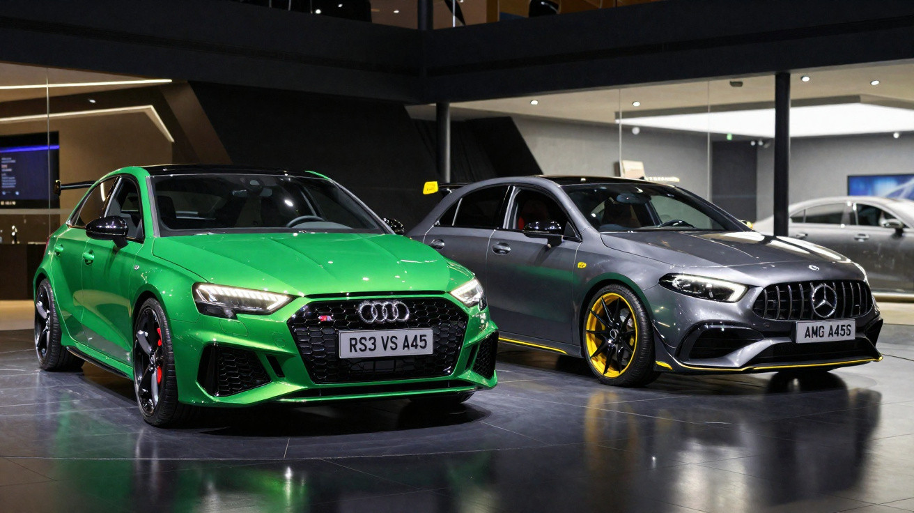 Green Audi RS3 and grey Mercedes-AMG A45 S parked side by side in a modern showroom.