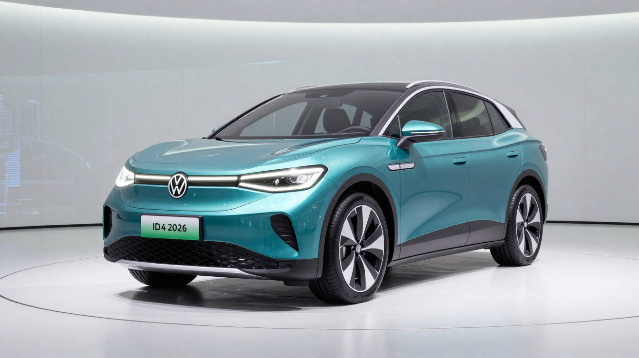 Blue Volkswagen ID.4 electric SUV on a white circular platform in a minimalist showroom.