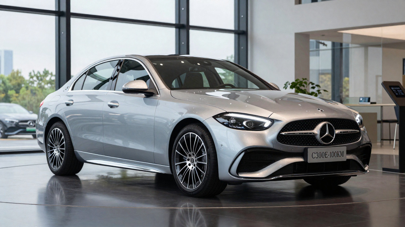 Silver Mercedes-Benz C300E luxury sedan displayed indoors with large windows and modern interior background.
