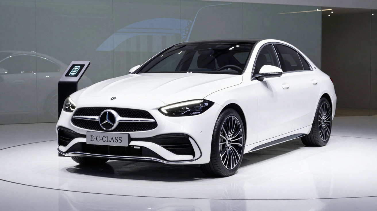 White Mercedes-Benz E-Class sedan displayed on a showroom floor with a digital kiosk nearby.