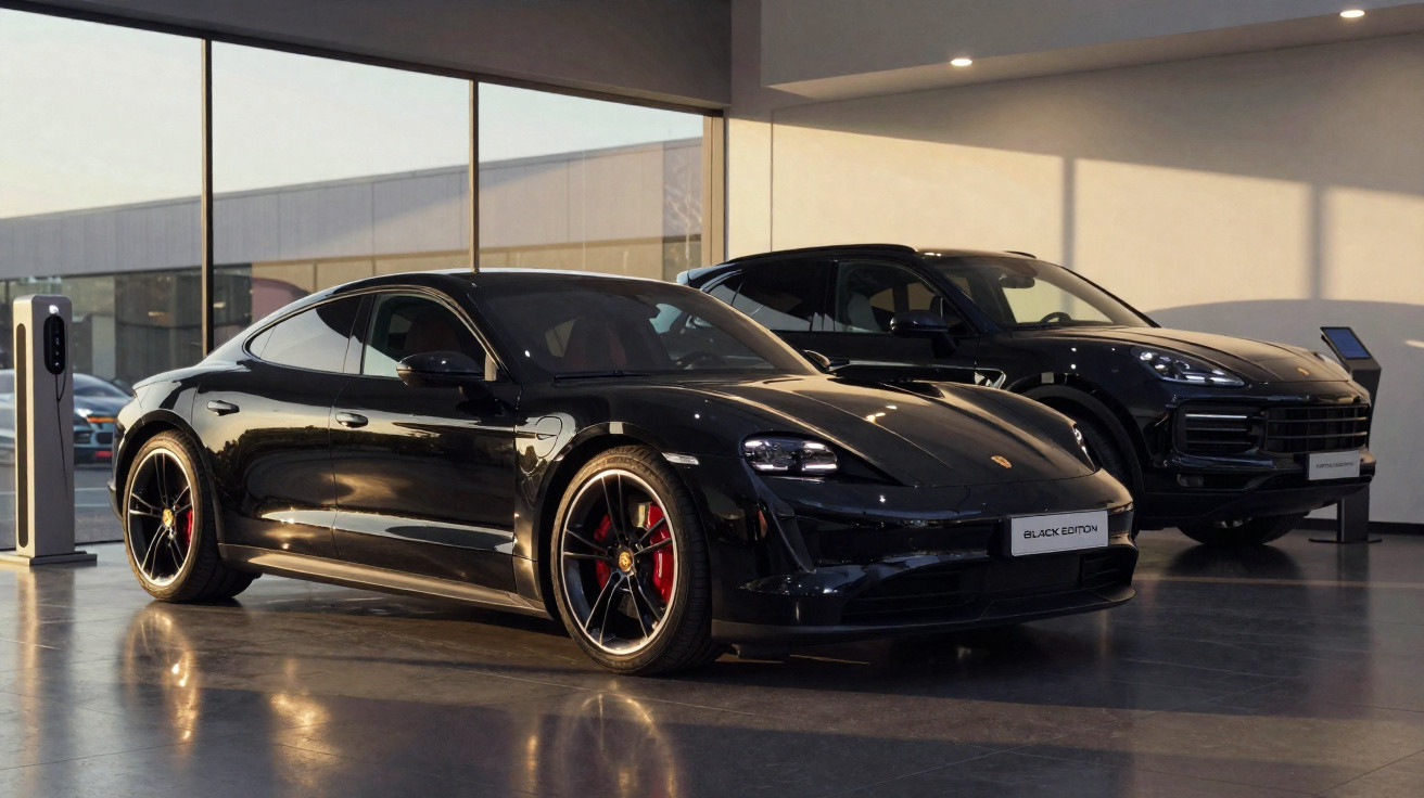Two black Porsche cars, a sports car and an SUV, displayed inside a showroom with sunlight reflections.
