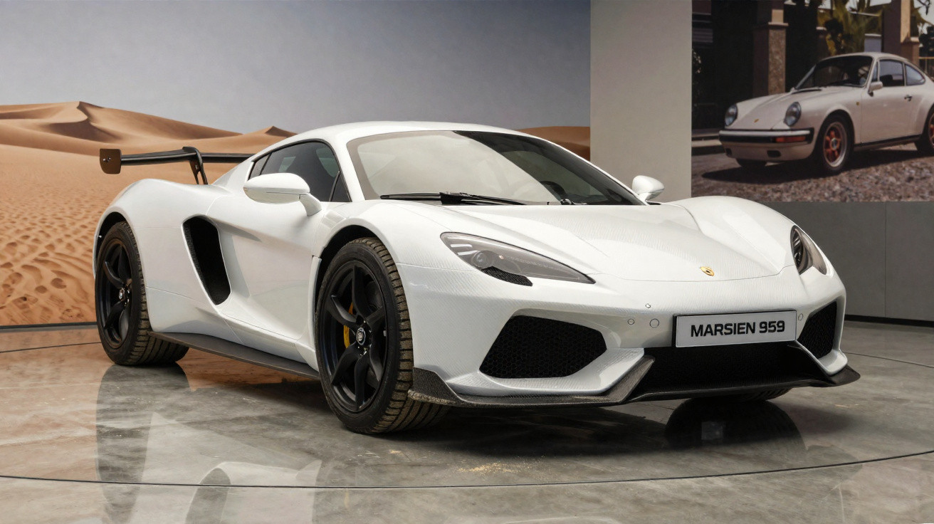 White Marsien 959 sports car displayed indoors with a desert backdrop and classic car image in the background.