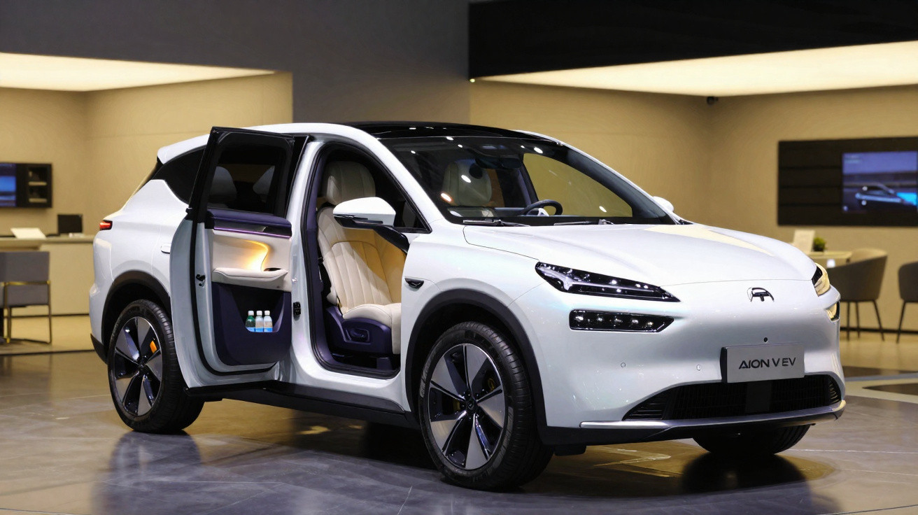 White Aion V electric SUV with front door open displaying beige leather interior in showroom.