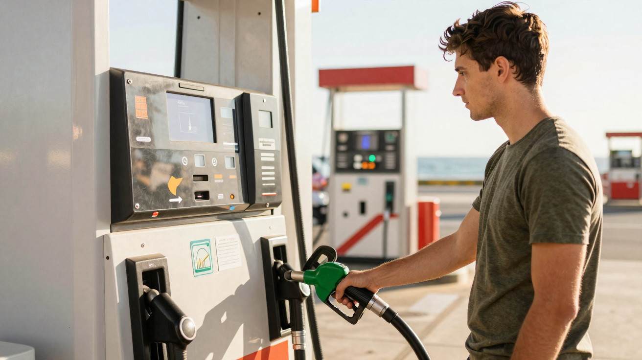 Young man pumping petrol into his vehicle at a fuel station on a sunny day.