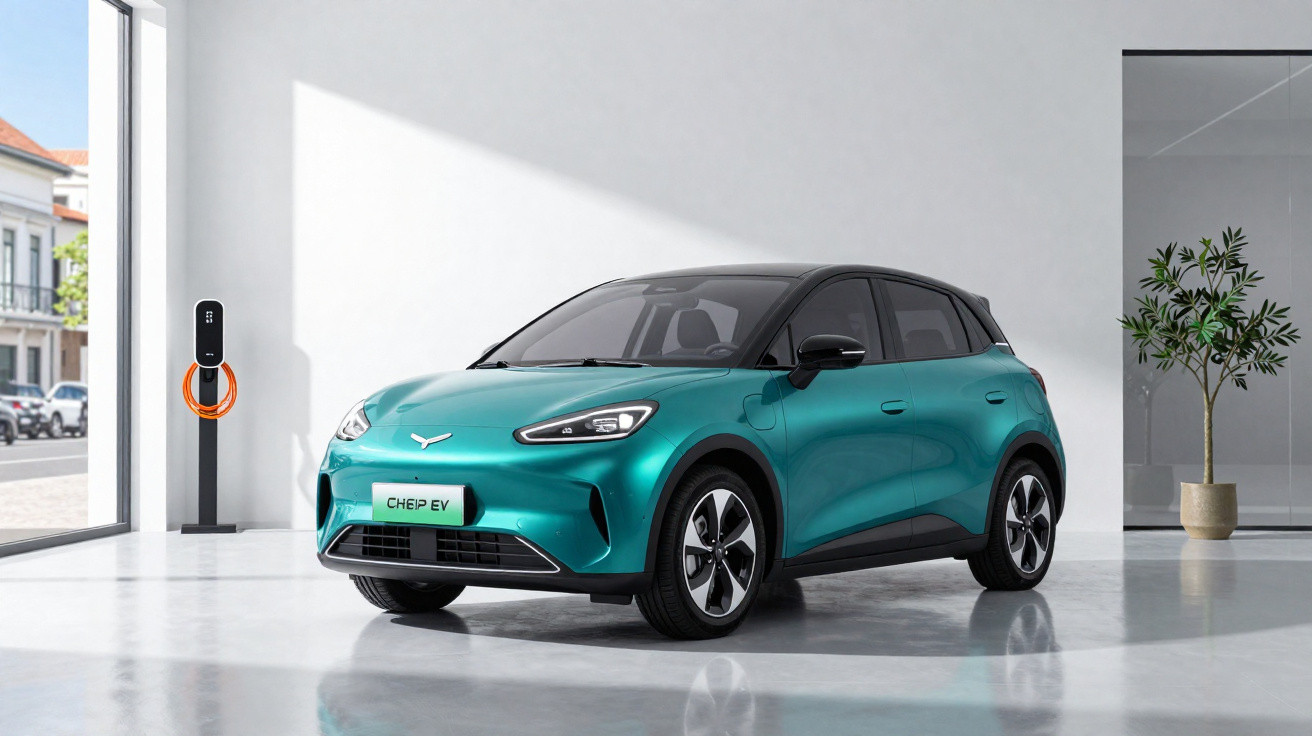 Teal electric compact car parked indoors beside a charging station and potted plant in a bright showroom.