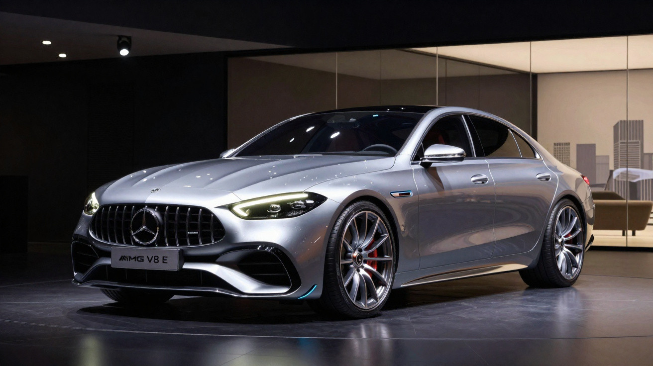 Silver Mercedes AMG V8 E sports car displayed indoors with illuminated headlights and sleek design.
