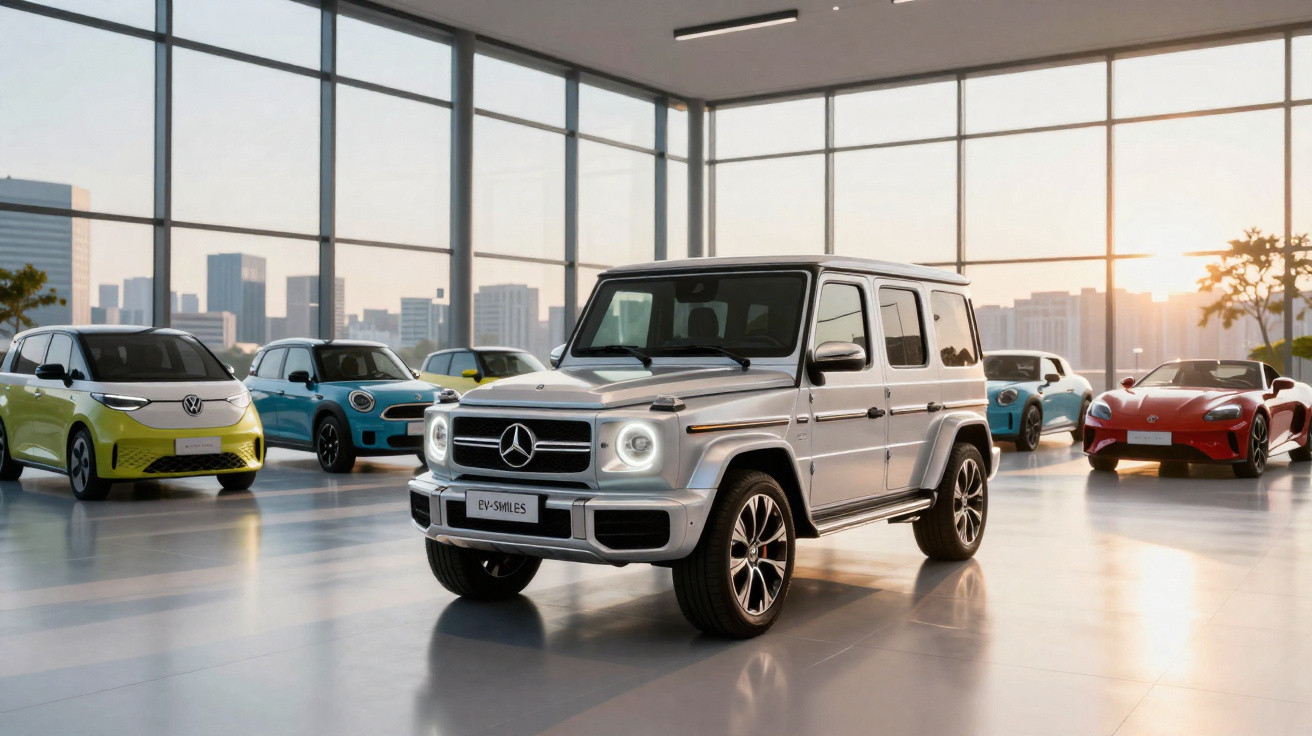Silver Mercedes-Benz G-Class SUV parked inside a modern showroom with various cars and city skyline in the background.