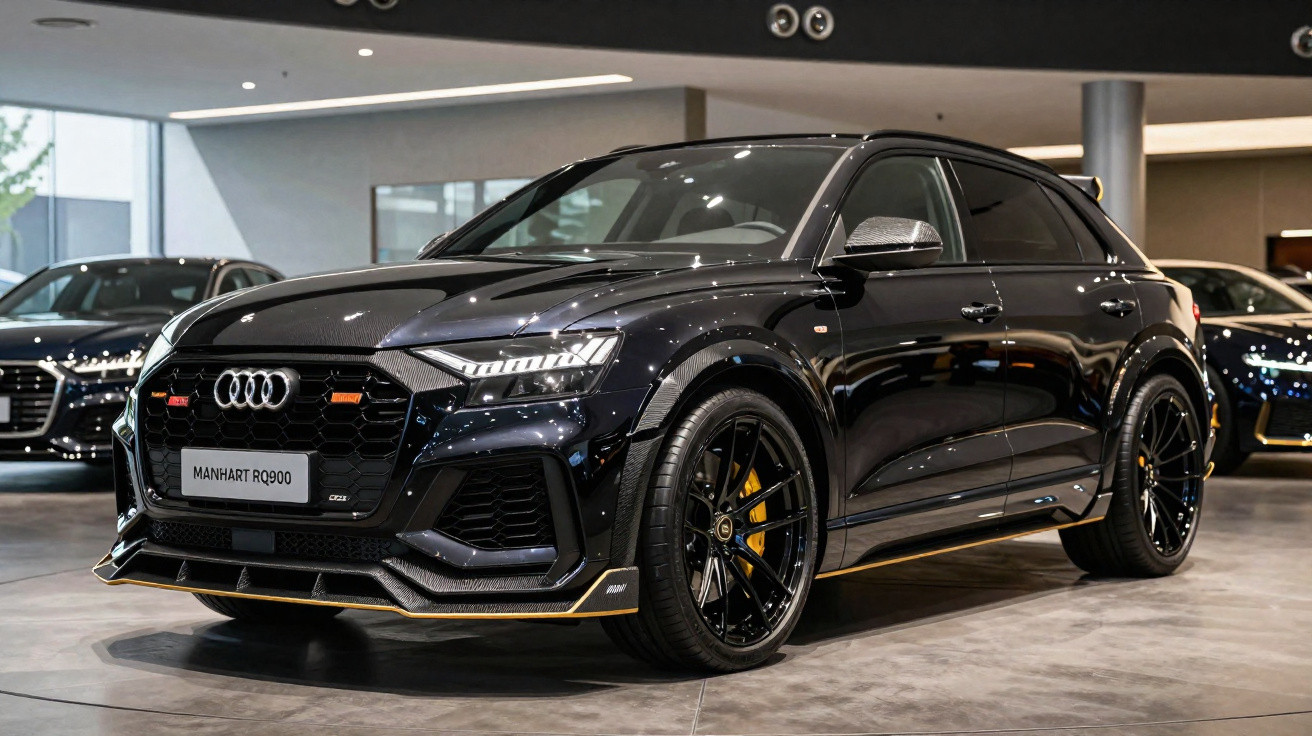 Black Audi MANHART RQ900 SUV displayed in a modern indoor showroom with polished floors.