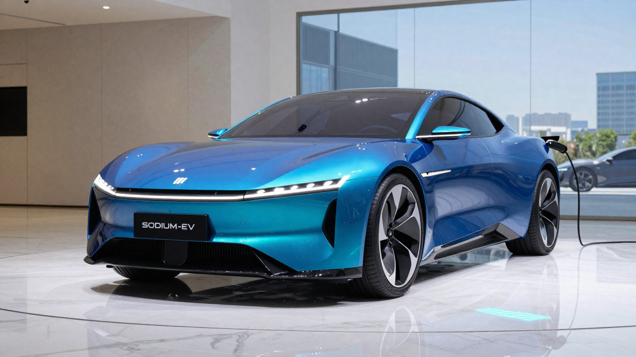 Blue electric sports car charging indoors with sleek aerodynamic design and black tinted windows.
