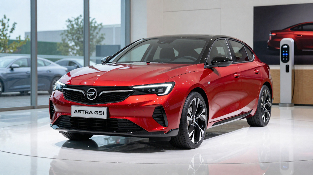 Red Vauxhall Astra GSI hatchback displayed indoors on a shiny white floor near glass windows.