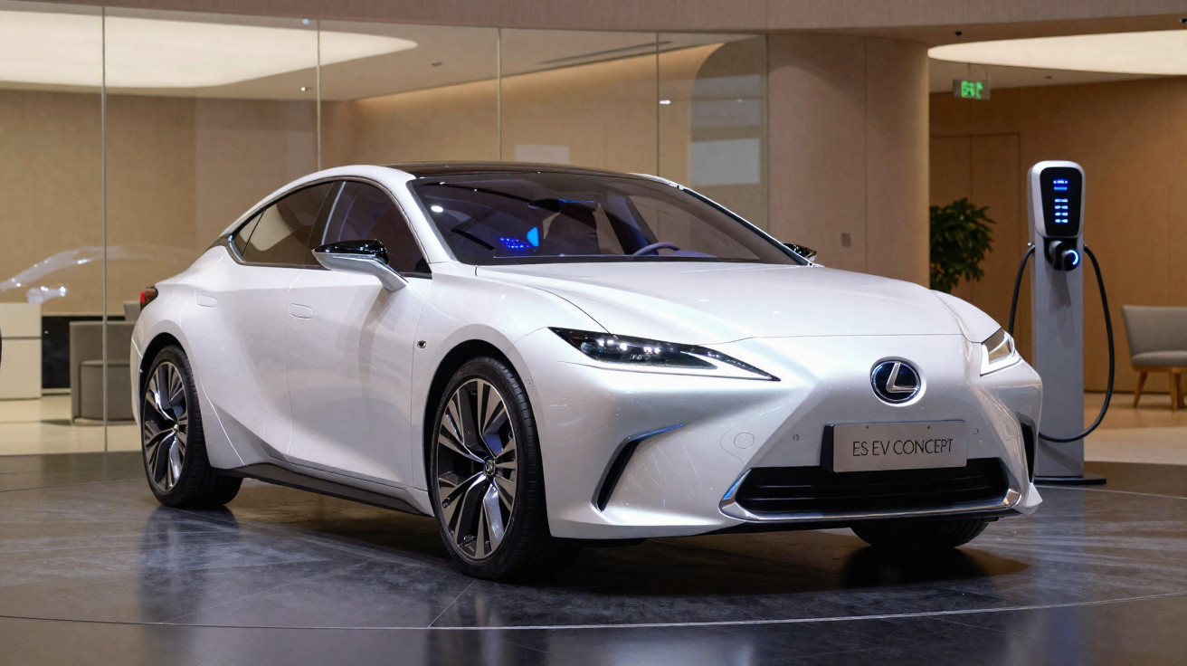 White Lexus ES EV Concept electric car displayed indoors charging at a station.