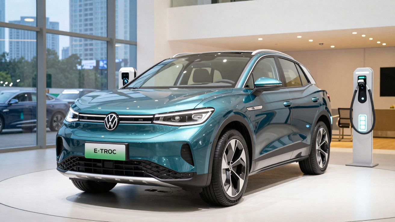 Teal Volkswagen E-TROC electric SUV displayed indoors next to two charging stations.