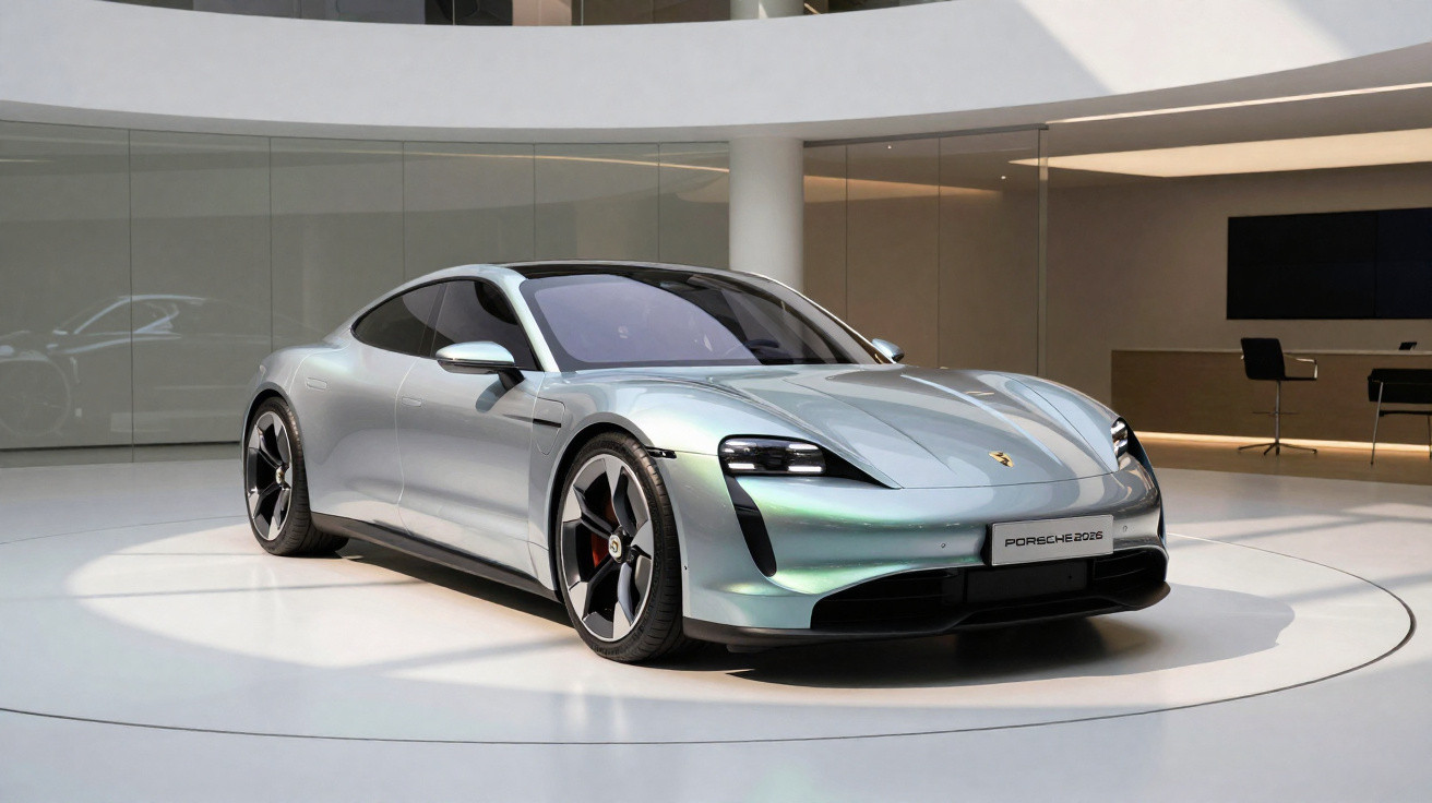 Silver Porsche Taycan electric sports car displayed in a modern showroom with white and beige interiors.