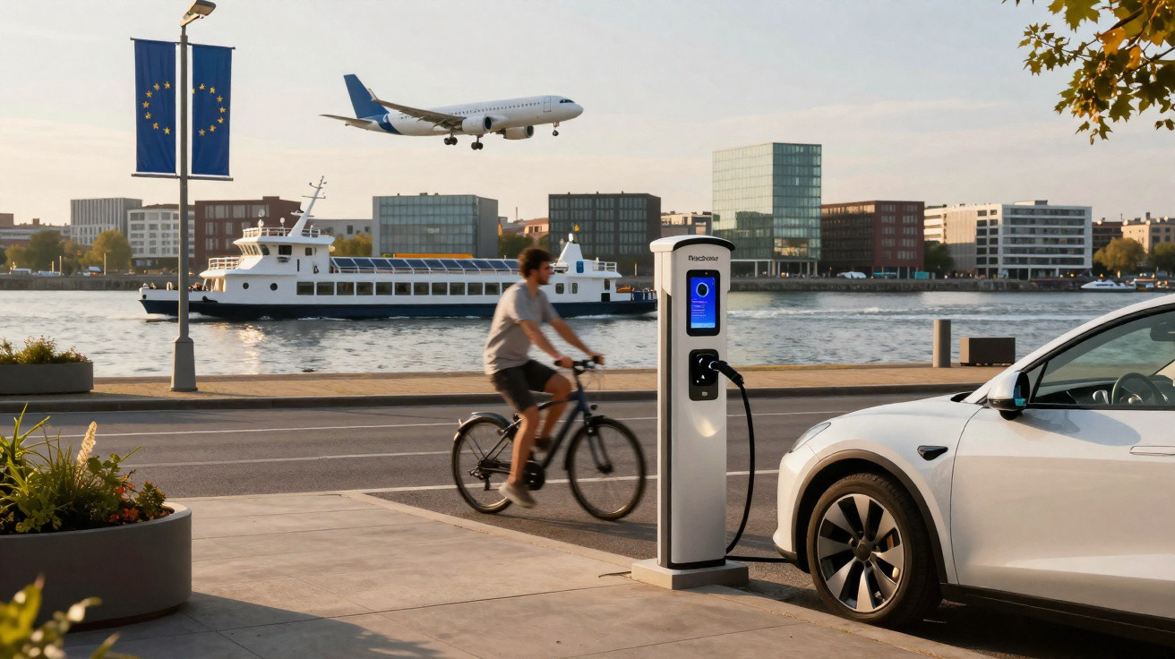 Electric car charging at a riverside station with a cyclist, ferry, buildings, and plane landing in background.
