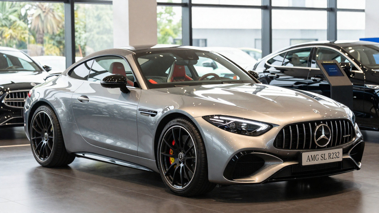 Silver Mercedes-AMG SL R232 sports car with black wheels displayed in a showroom.