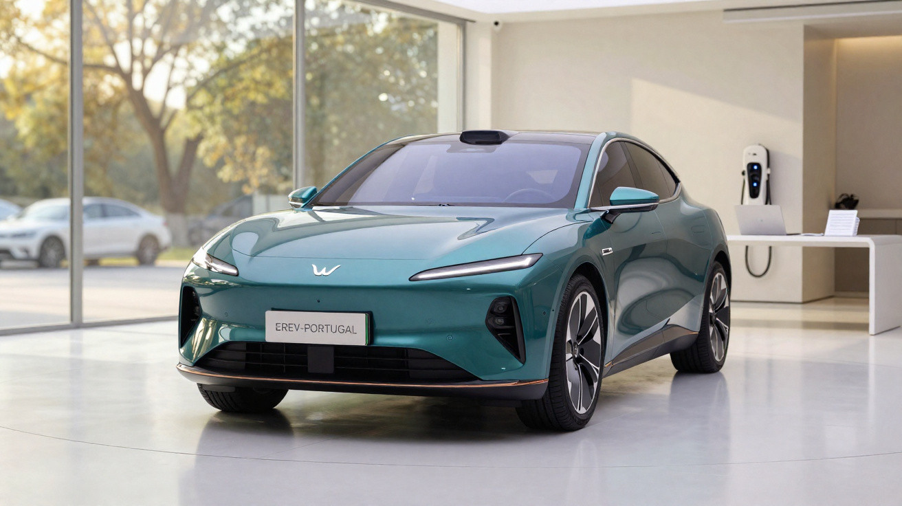 Green electric car with sleek design displayed indoors near a charging station and large windows.