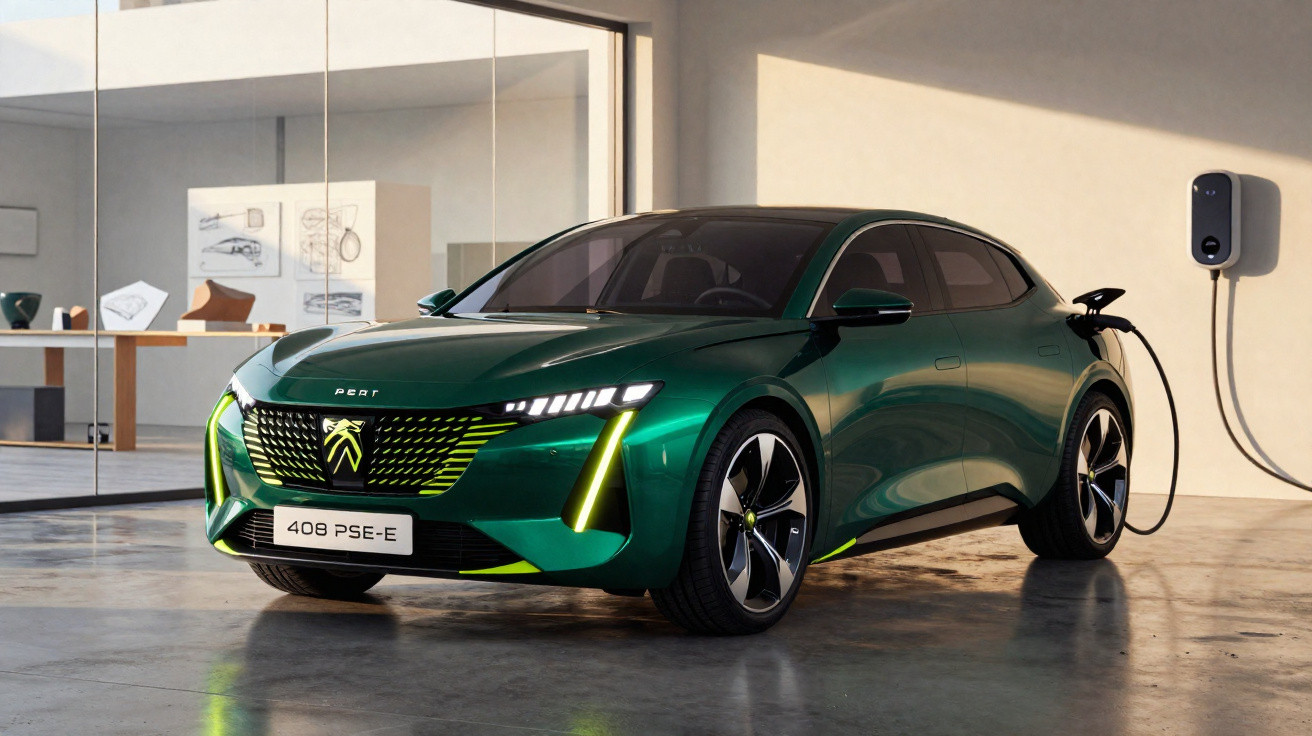 Green Peugeot 408 PSE-E electric car charging inside a modern showroom with glass walls and artwork.
