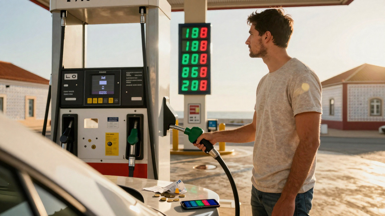 Man refuelling his car at a petrol station under clear daylight with fuel prices displayed on a board.