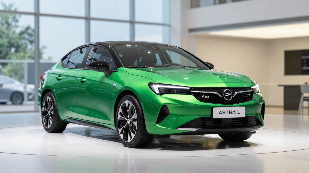 Green Opel Astra L parked indoors, front-side view, modern design with black roof and large alloy wheels.
