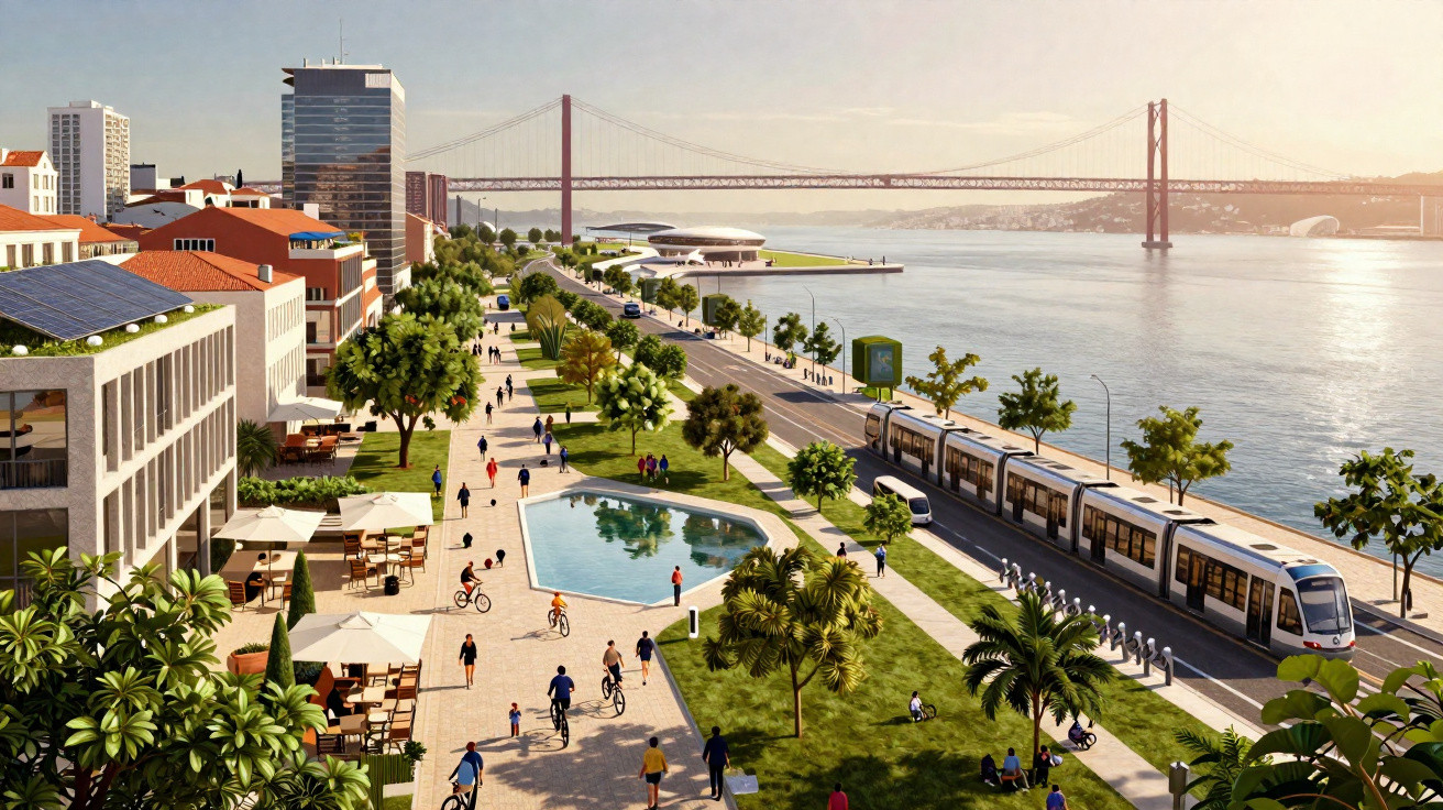 Urban riverside scene with pedestrians, cyclists, a tram, greenery, modern buildings, and a large suspension bridge in the ba