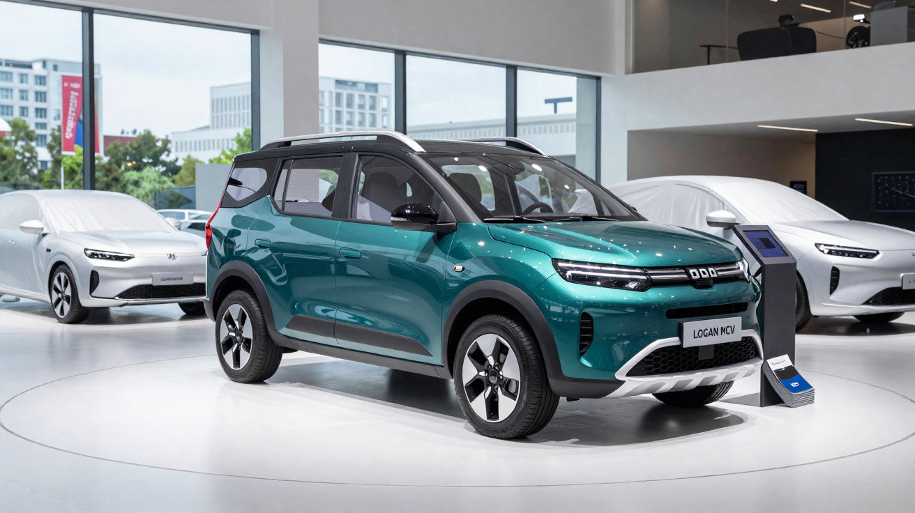 Teal Dacia Logan MCV car displayed in a modern showroom with two white electric vehicles in the background.