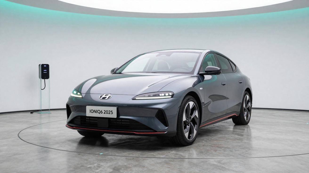 Grey 2025 Hyundai IONIQ 6 electric car displayed in a modern showroom with a charging station nearby.