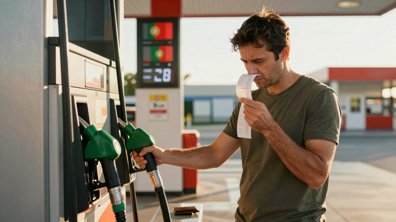 Man checking a receipt while holding a petrol pump nozzle at a gas station.